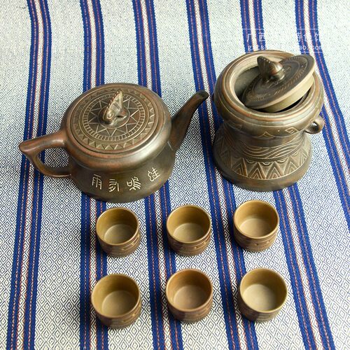 广西创意商务礼品 壮族铜鼓手工陶艺民族特色茶具件礼盒包