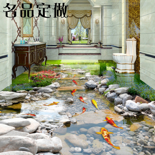 3D立体地板贴画地面个性装饰地板革客厅卧室卫生间地画田园小河图片