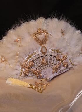 晚吟 洛丽塔新款古典羽毛折扇甜美仙气少女Lolit哥特风宫廷扇摆拍