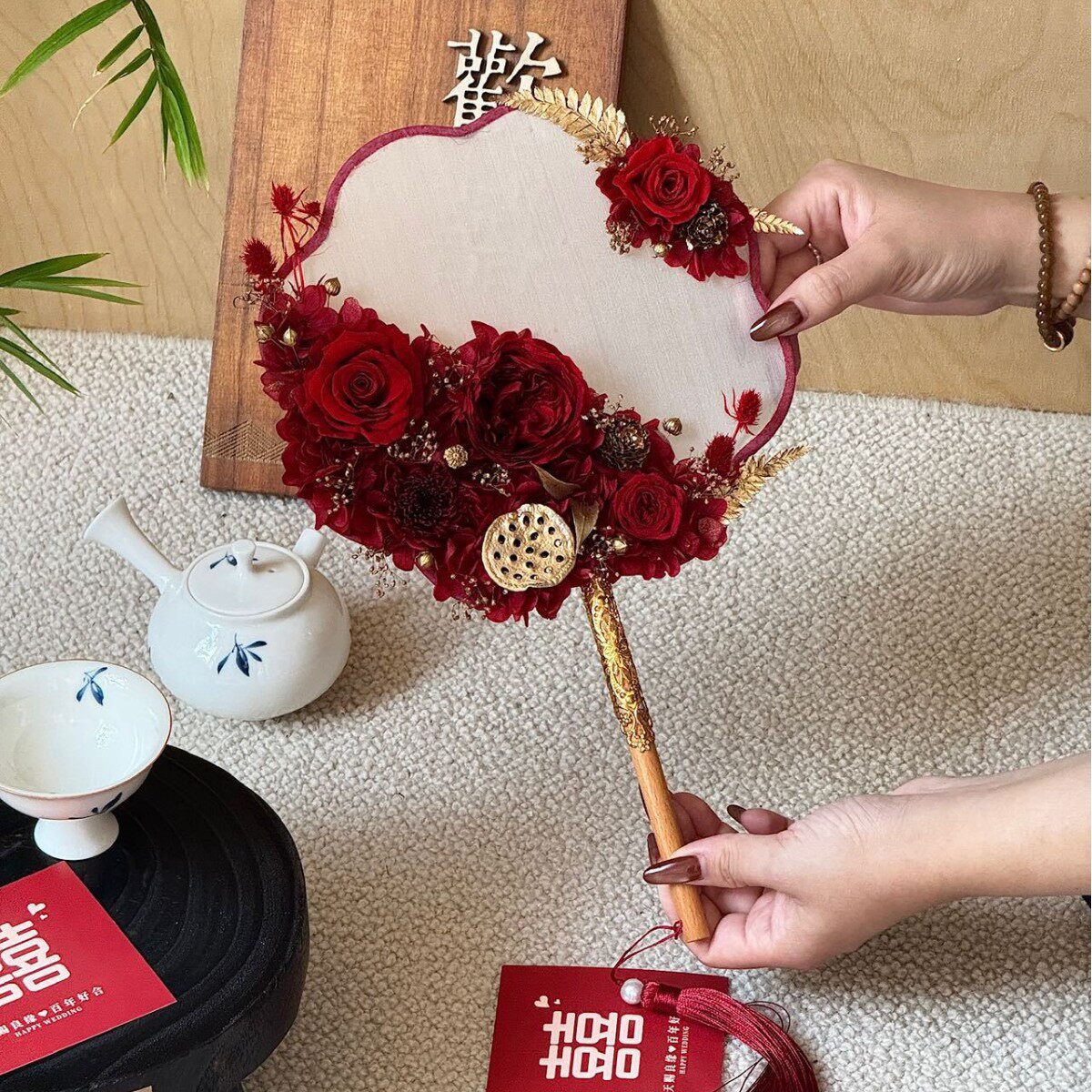 厂家直发婚礼季玫瑰永生花中国风团扇新娘伴娘中式婚礼手捧花成品