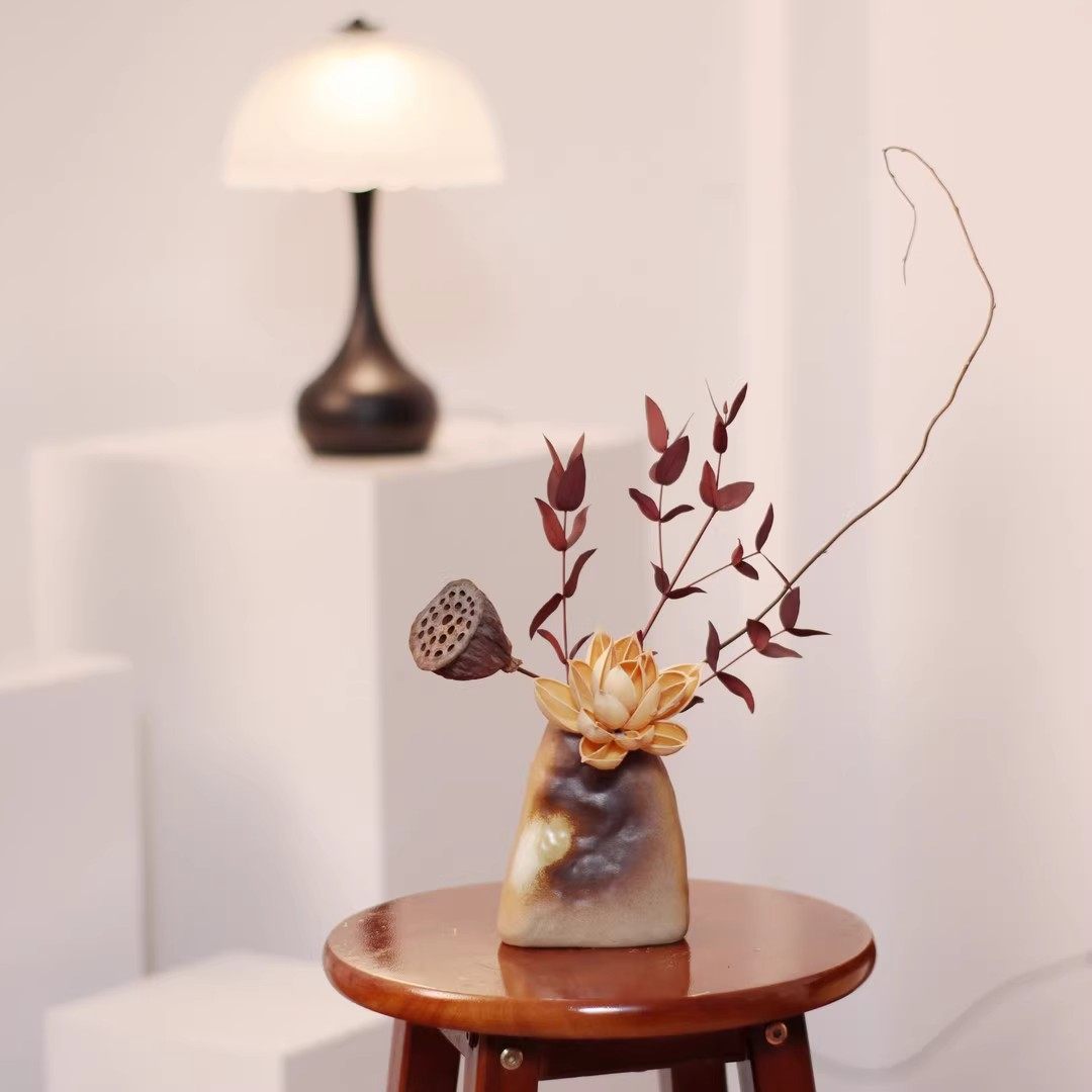 干花花束莲蓬紫荆花真花永生花仿古陶瓷瓶边几斗柜台餐桌装饰摆件
