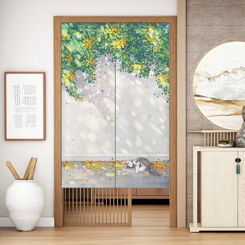 中式布艺门帘居家帘挡风隔断帘子家用猫咪厨房半帘免打孔
