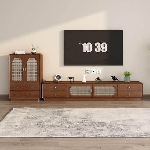 新中式实木框电视柜现代小户型客厅落地储物柜电视边柜茶几组合