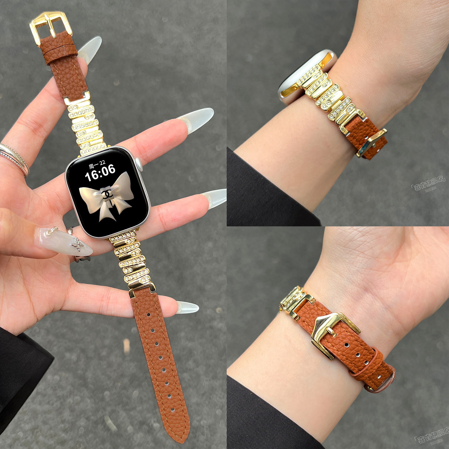 适用苹果S11手表表带iWatchS9不规则表链荔枝纹se3爱马士同款s8女生气质series经典镶钻8高级感7/6/5精致老钱