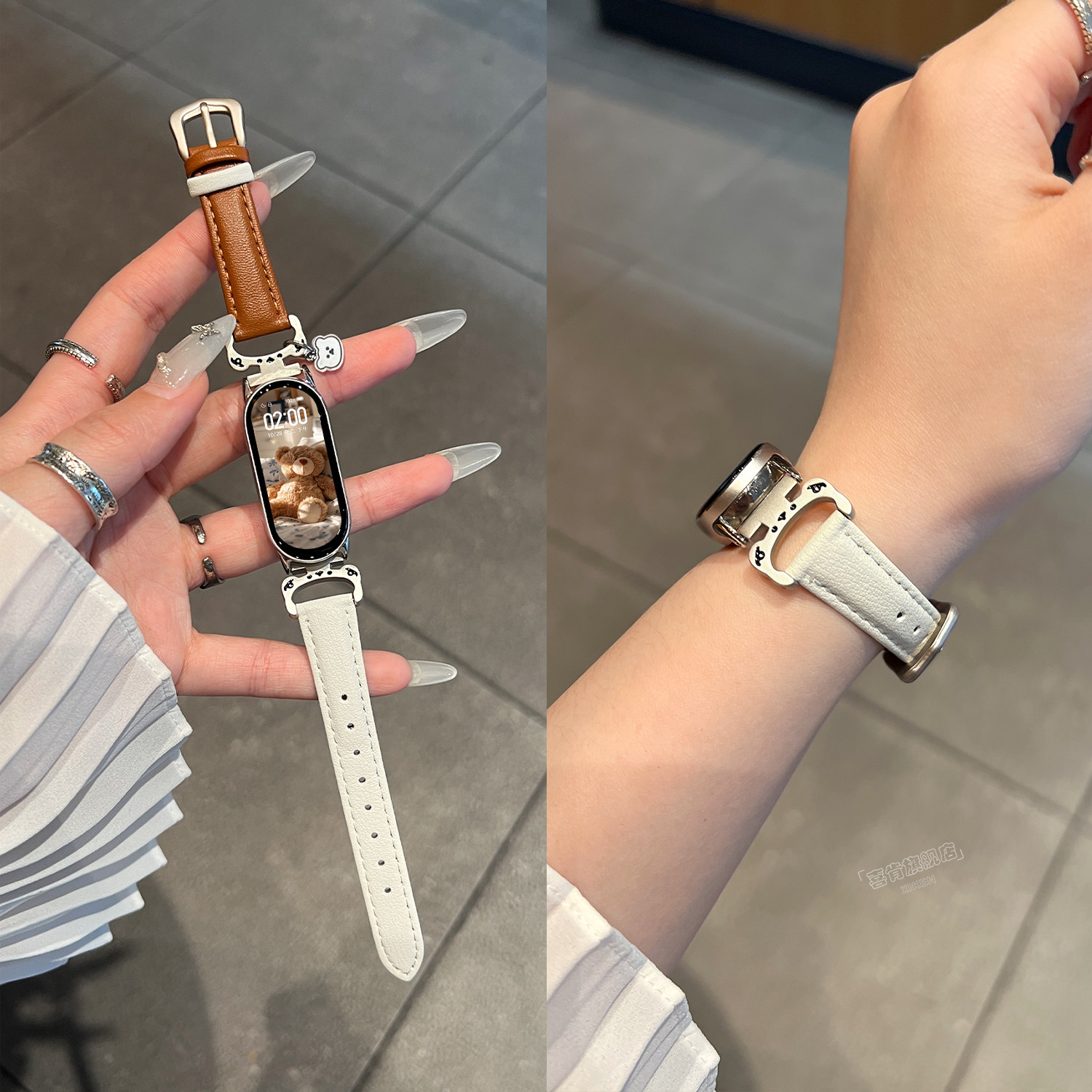 【小熊挂坠】适用小米手环10表带9腕带8手表带7女6腕带5可爱小熊拼色拼真皮质4细款女3金属2小众九代秋冬女款