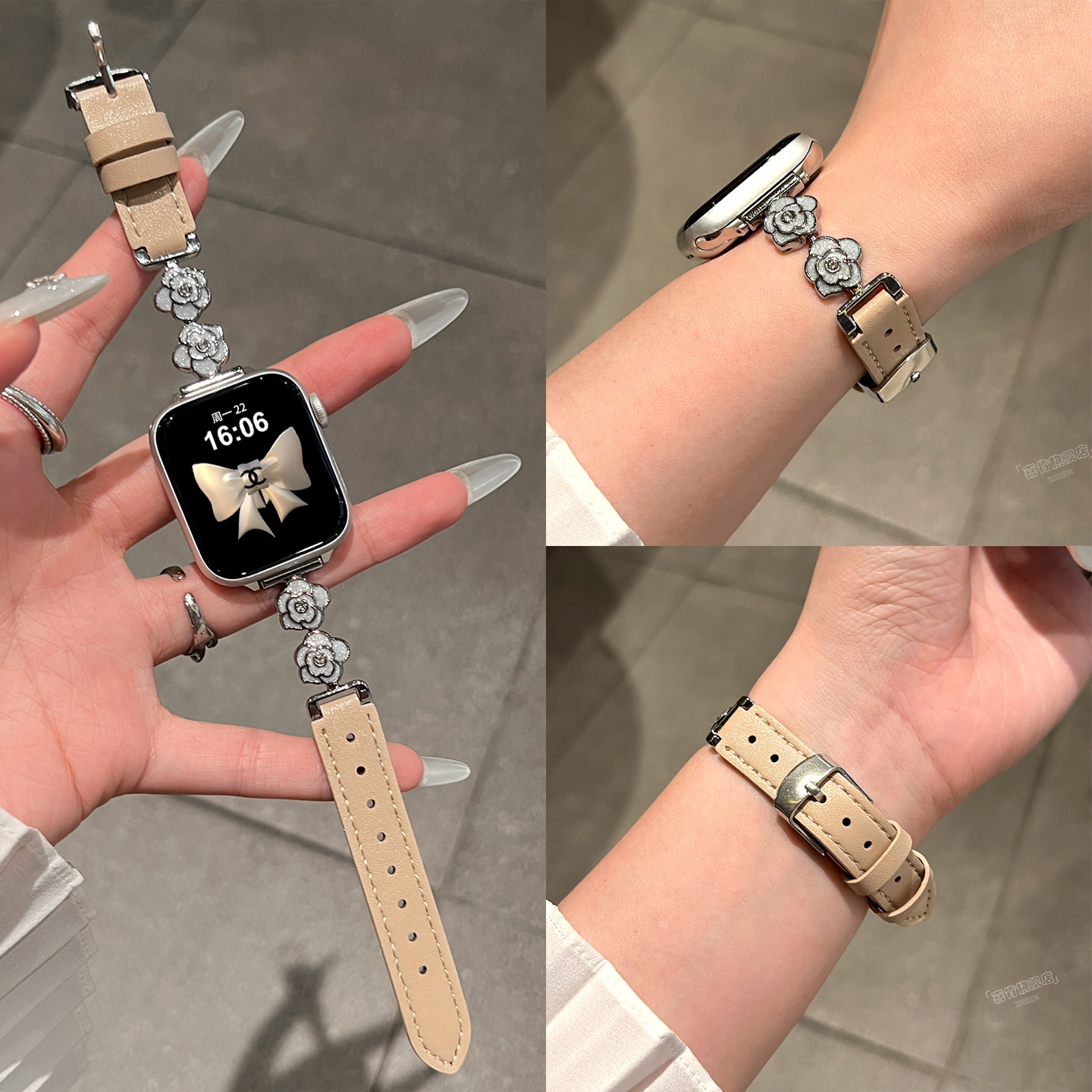 【山茶花】适用S11苹果表带AppleWatch手表S10鎏金拼真皮质S9金属S8秋冬女款S7创意小众SE高级感腕带S6原装潮