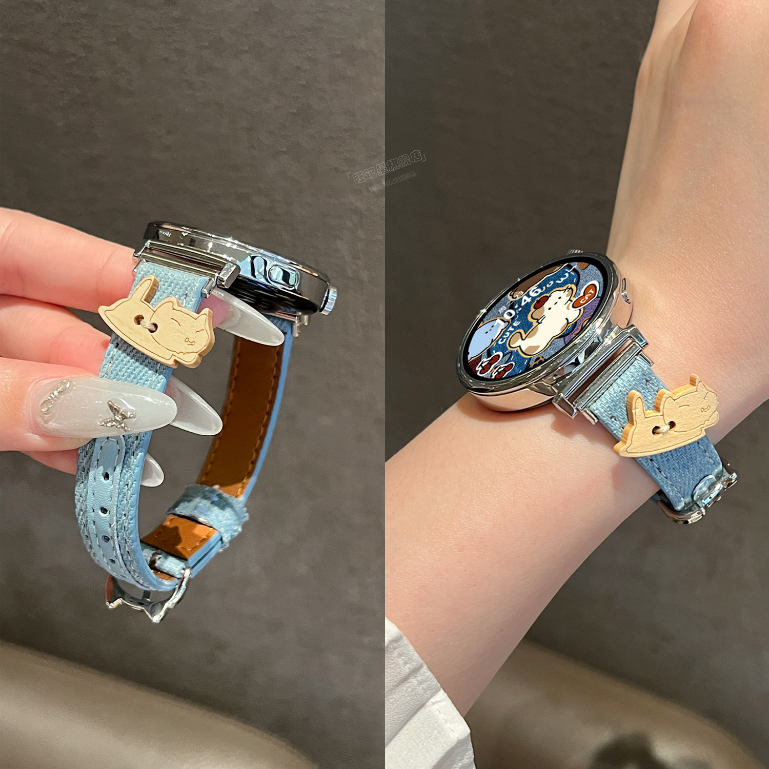 【牛仔纽扣猫】适用华为GT6表带手表GT5新款watchgt5智能GT5pro可爱猫咪牛仔皮质41mmGT4秋冬创意GT3小众女款