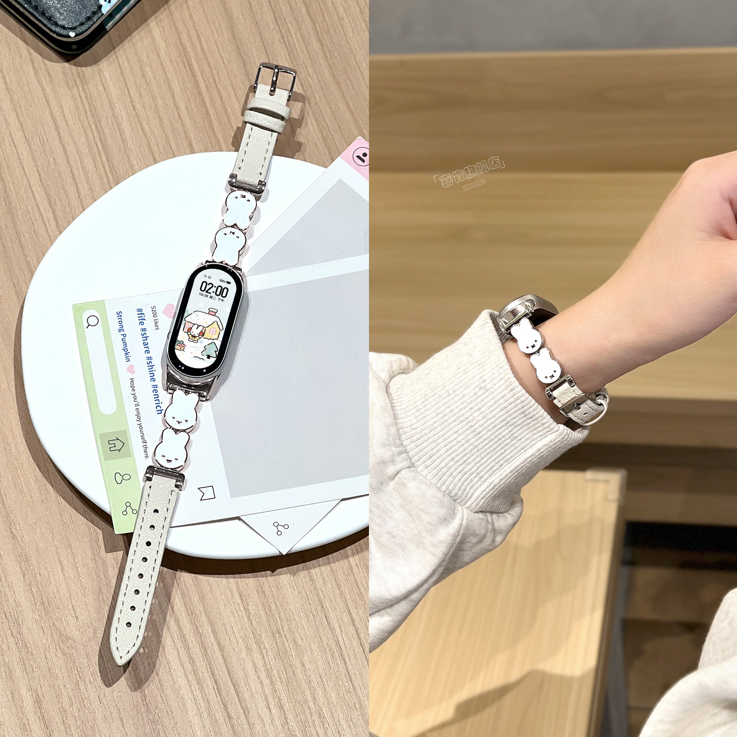 【米菲兔拼皮】适用小米手环10表带手环9腕带8可爱兔子nfc/金属拼真皮质女款xiaomi十代小众高级女替换腕带