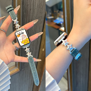 54小众秋冬 适用小米手环9pro表带8pro腕带高级感金属星星镶钻拼皮女nfc通用智能运动红米watch6 彩钻星星