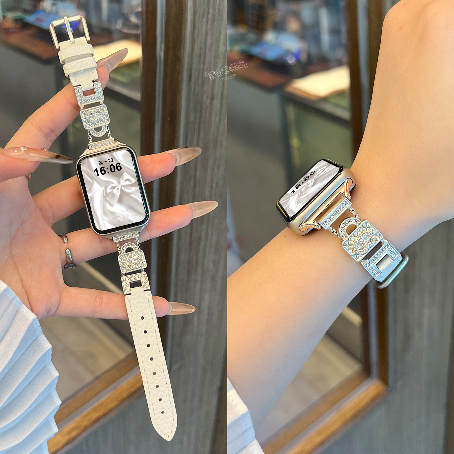 适用小米手环9pro表带8PRO腕带小香风高颜值手提包镶钻拼皮时尚女秋冬nfc替换智能运动红米watch6/5/4高级感