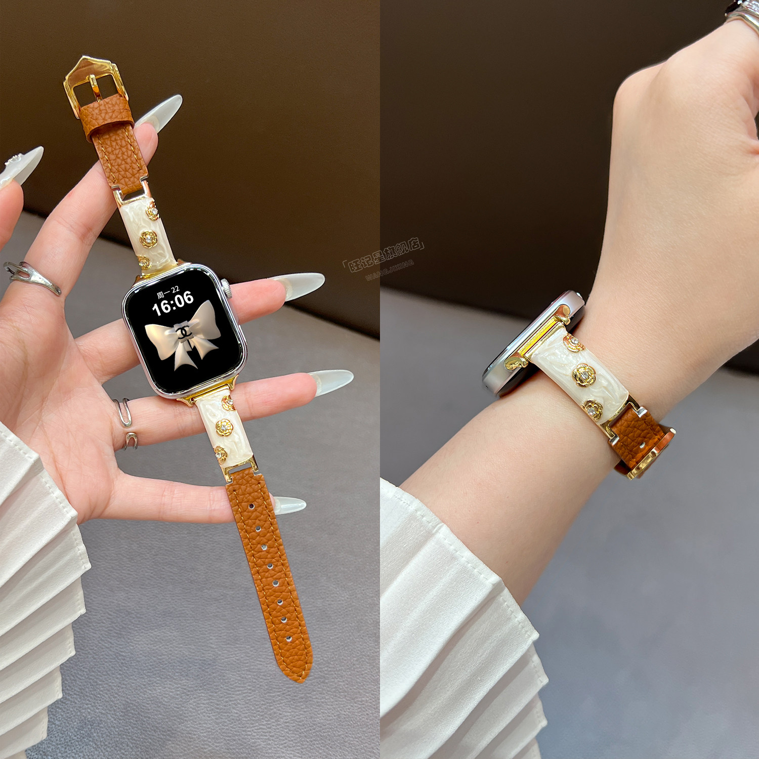 适用华为FIT4表带FIT3手表智能WatchFIT4山茶花手镯金属拼皮质FIT4pro原装女款FIT2高级感小众/秋冬替换腕带