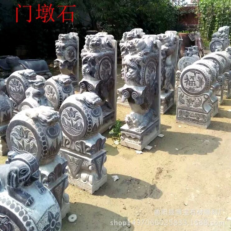直销青石荷花鱼浮雕门墩 书香门第青石石鼓 抱鼓石门档摆件现货优