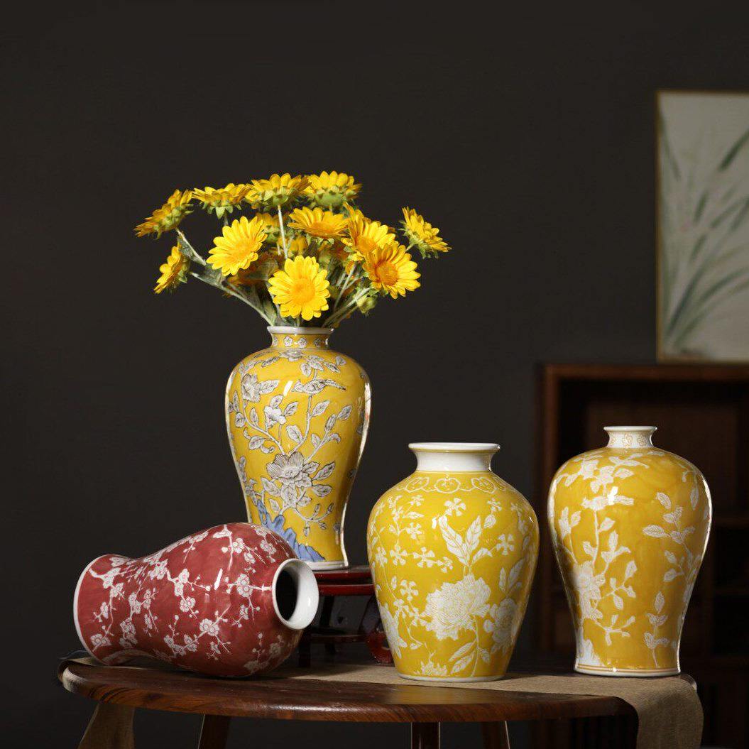 新中式陶瓷花摆件玄关客厅酒店样板房软装饰品彩绘花花盆摆件