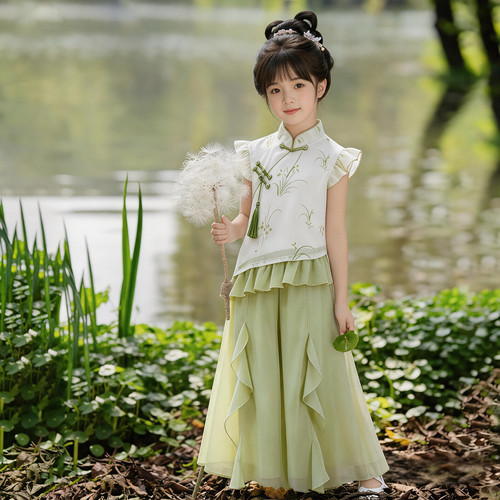 儿童汉服女童国风套装新中式日常可穿2026新款绿色唐装古风端午节