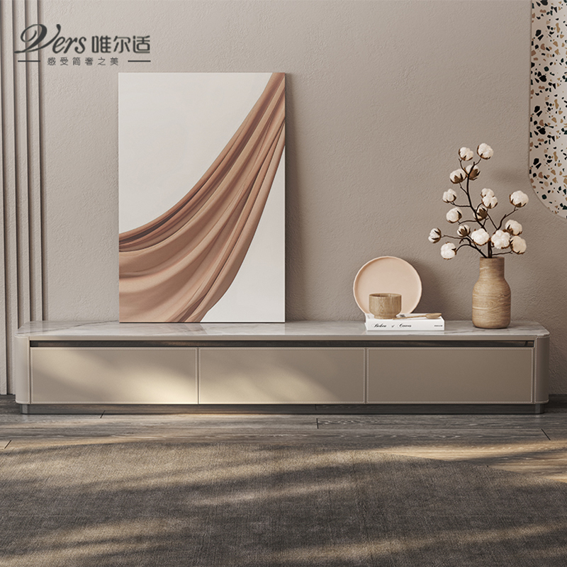 意式马鞍皮电视柜茶几组合 现代简约小户型实木地柜客厅岩板家具