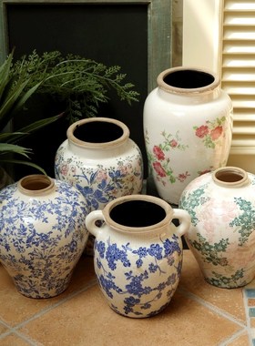 田园复古风陶瓷花壶瓶创意花瓶摆件客厅插花水培器皿美式艺术摆件