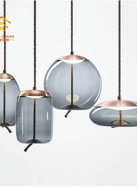 新款简约吊灯咖啡厅个性吧台麻绳loft餐厅吊灯蓝色吊灯创意玻璃灯