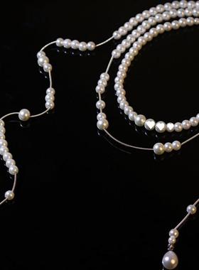 欧美秋冬长款珍珠多层流苏网红项链小众高级感不对称毛衣链颈链潮