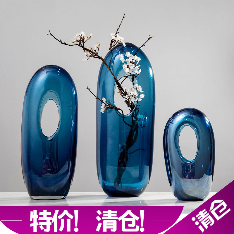 简约蓝色玻璃花瓶家居软装饰品样板房间书房餐桌面干插花器摆件