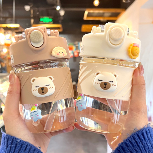 玻璃杯水杯女生高颜值ins可爱双饮咖啡杯便携式 耐高温带吸管杯子