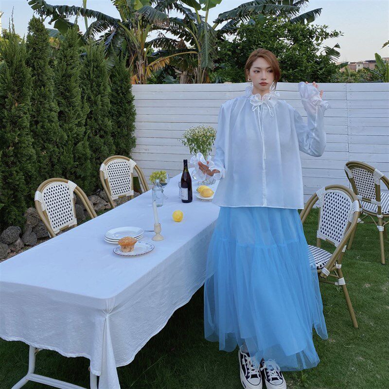 法式木耳边ins小众设计温柔气质少女花边V领韩系带喇叭袖雪纺衬衫