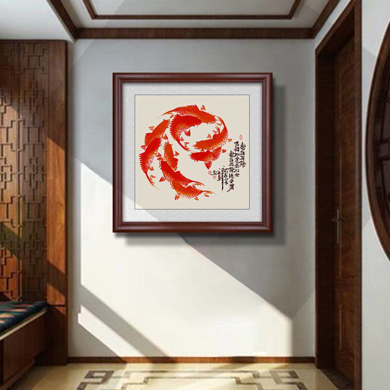九鱼图装饰画玄关挂画客厅中式正方形餐厅鲤鱼图背景墙办公室壁画