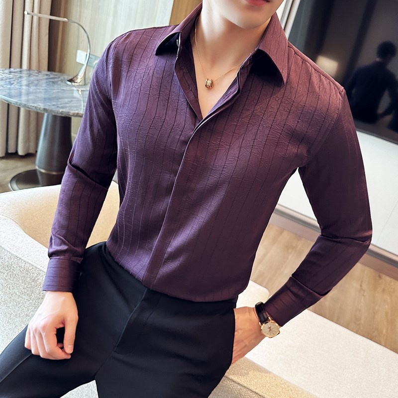 高级感长袖暗门襟条纹褶皱压花衬衫男士痞帅潮流设计感百搭衬衣男