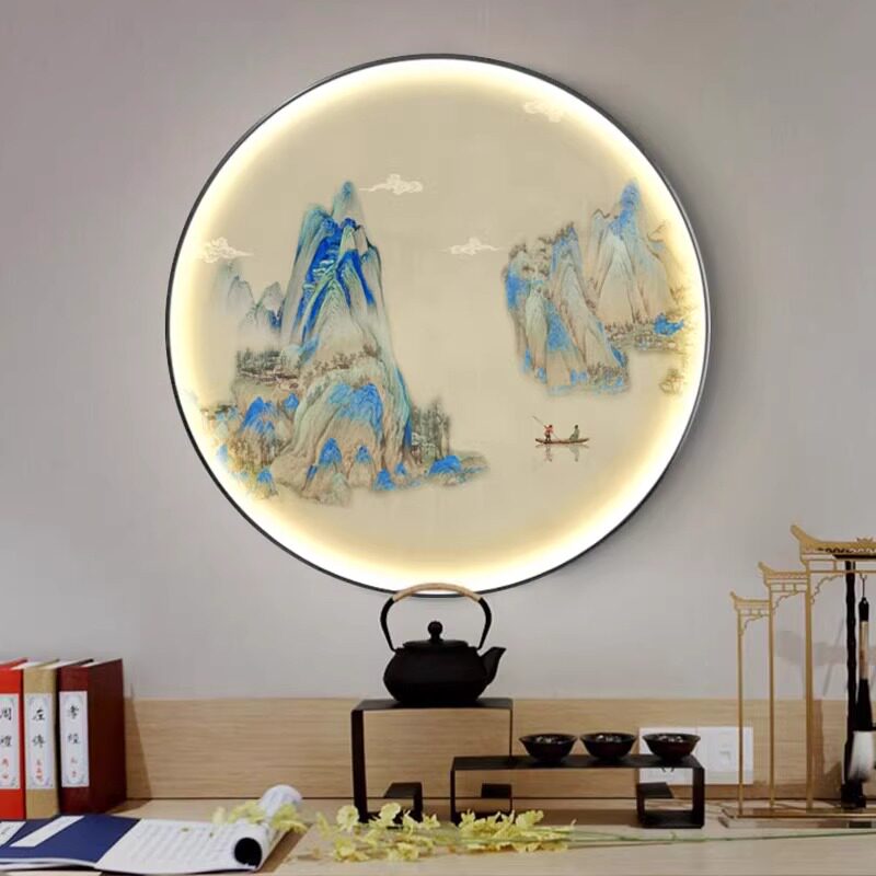 带灯入户门玄f关千里江山图挂画LED圆形装饰画客厅过道走廊壁灯画