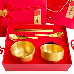 金饭碗金碗筷三件套礼盒装304不锈钢周岁食福认干亲碗筷捉周套装