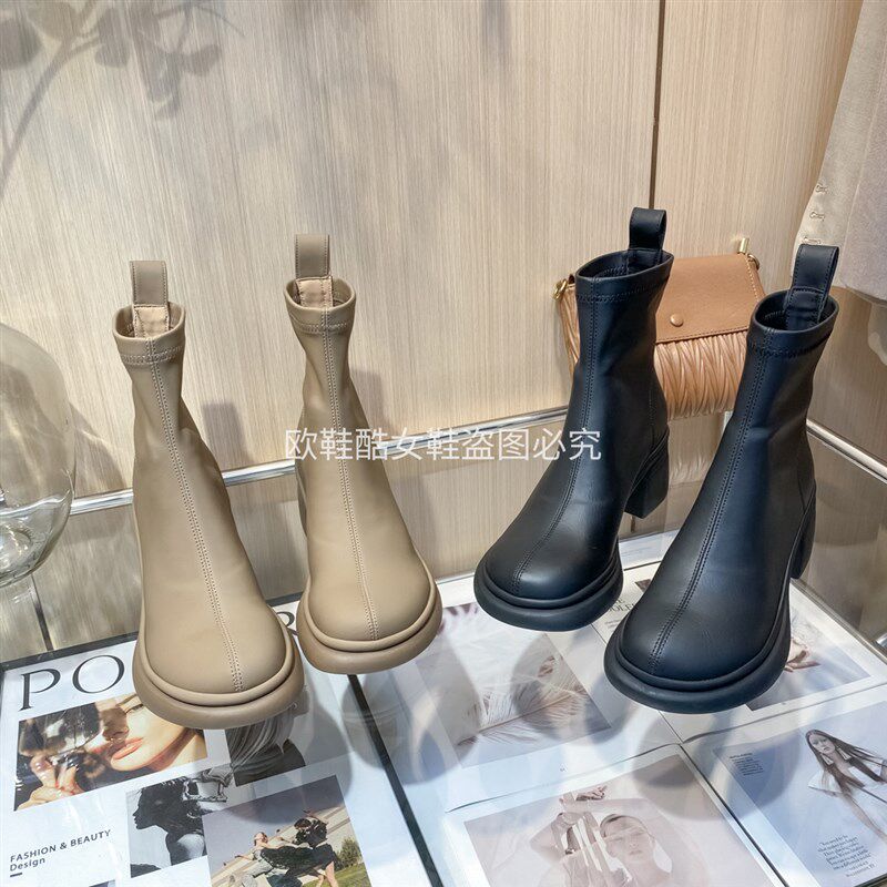 A-827 短靴女韩版时尚秋冬季百搭厚底圆L头粗跟靴子女网红瘦瘦靴