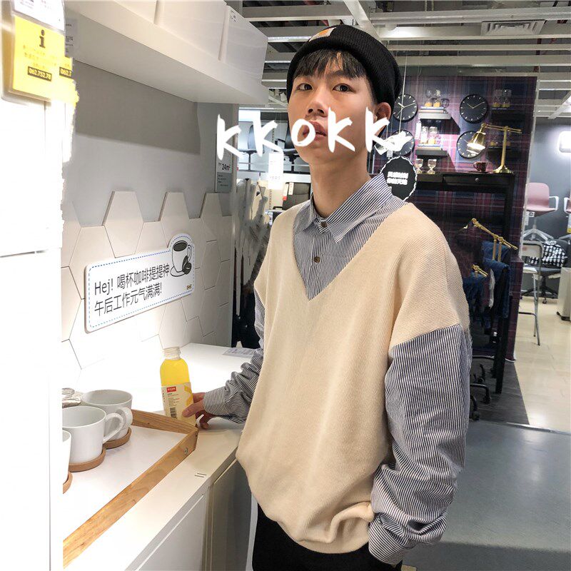 春装学院风条纹毛衣衬衣情侣韩版港风假两件男衬衫长袖Xins学生潮