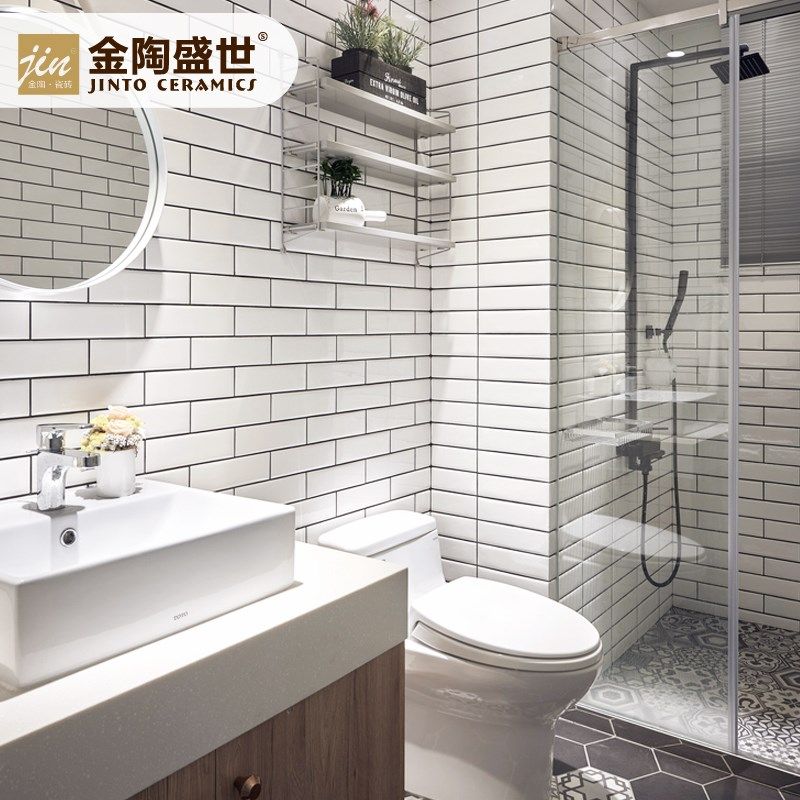新款长条小白砖75x300墨绿色面包砖厨房墙砖卫生间瓷砖平面斜边橄