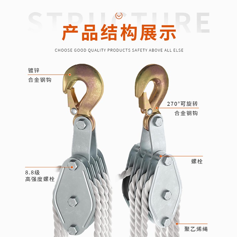 6倍省力吊装滑轮组 花绳索手拉滑轮钩小吊机空调吊装起重动滑轮组