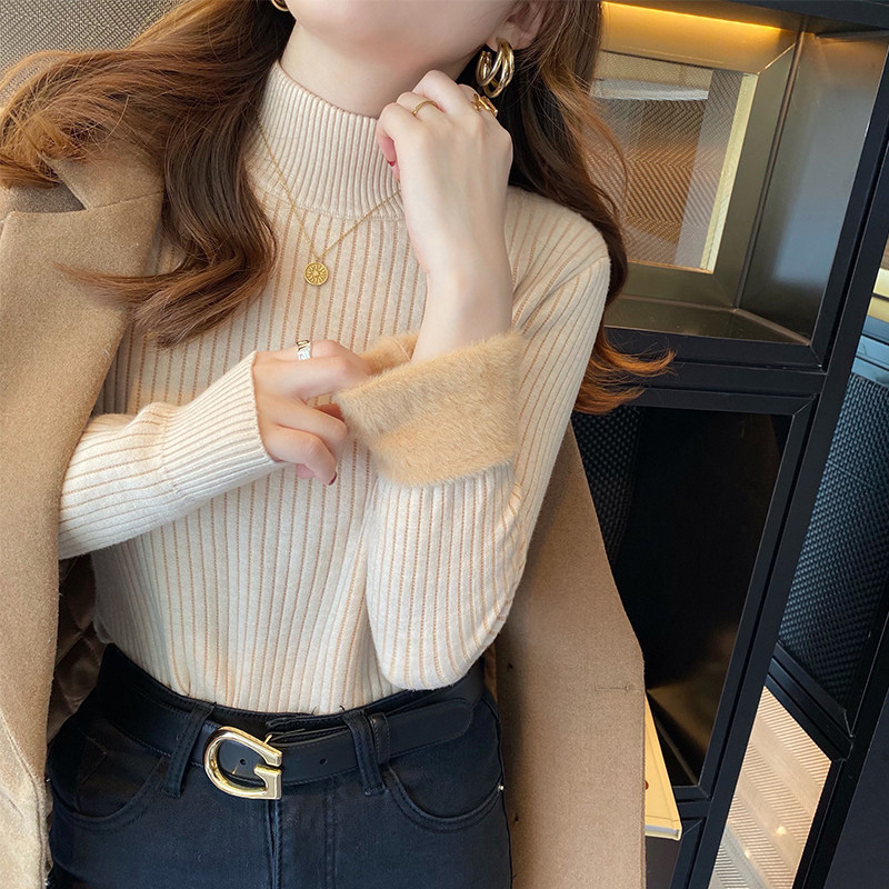加绒毛衣女加厚秋冬季一体绒20z24新款半高领白色内搭打底衫高级