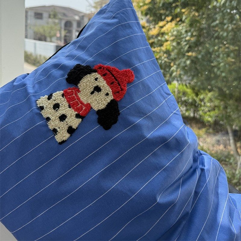 ins卡通斑点狗蓝毛巾绣四件套1.5m1.8米学生床单被套宿舍三件套