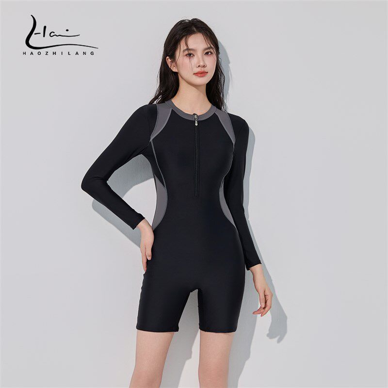 连体泳衣女平角专业竞速游泳馆专用保守长袖防晒显瘦遮肚游泳装女