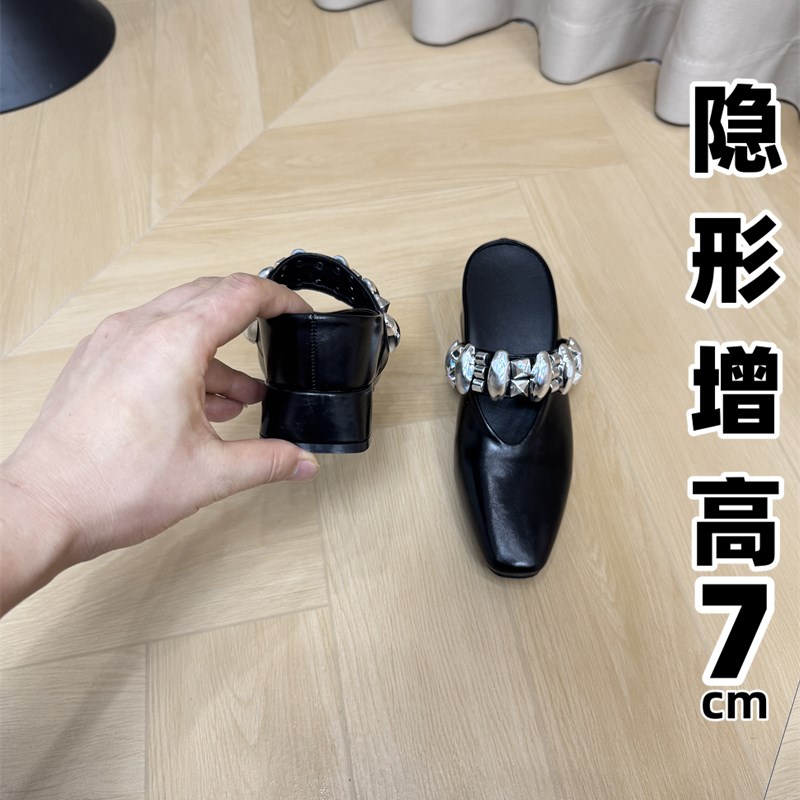 内增高包b头半拖鞋女凉拖粗跟低跟银色单鞋女鞋子外穿新款夏季凉