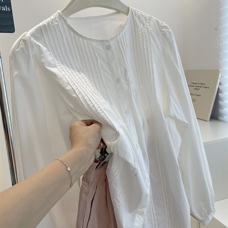 韩系风琴褶皱白色衬衫!早秋百搭宽D松显瘦圆领棉质小衫长袖衬衣女