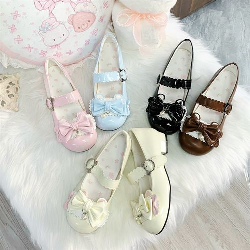 Wink噗噗熊现货噗噗奶熊可爱圆头拼色蝴蝶结小低跟女学生lolita鞋