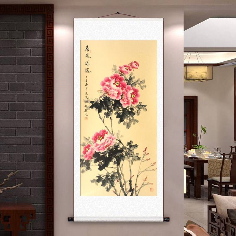 手绘国画洛阳牡丹画花开富贵卷轴挂画客厅玄关过道装饰竖版寿字画图片