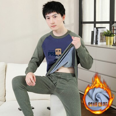 青少年大童学生加绒加p厚防寒保暖套装男生卡通印花保暖内衣一套