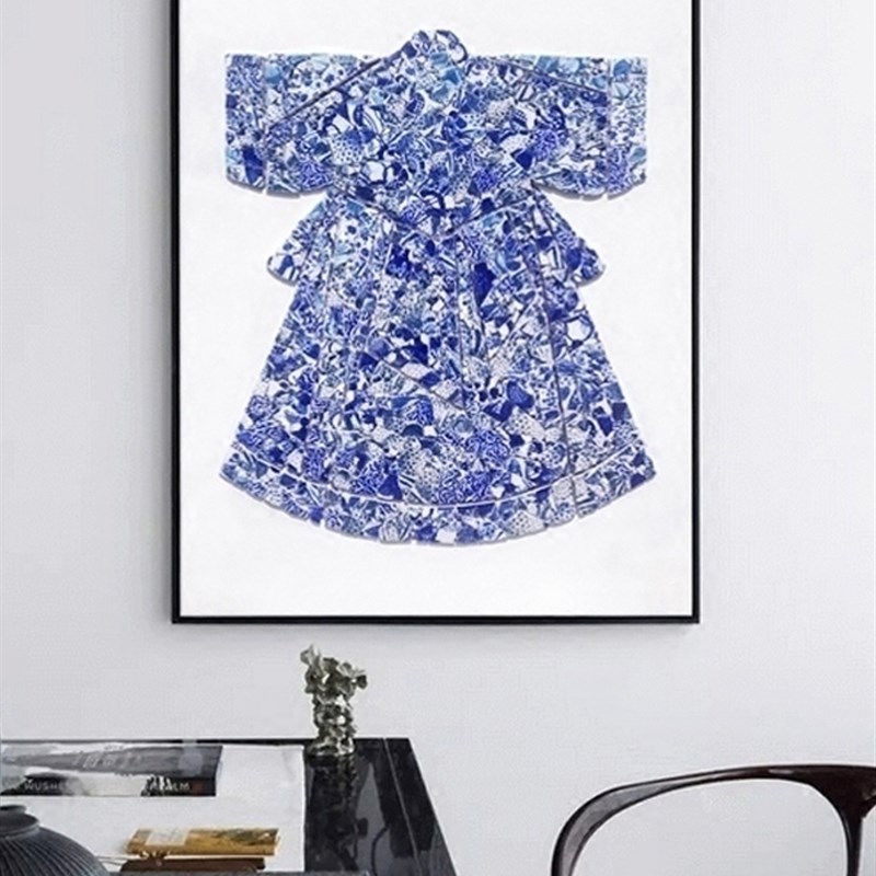 新中式玄关青花瓷陶瓷实物立体装饰画风茶室侘寂风客厅背景墙挂画
