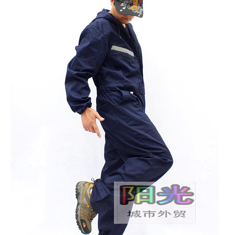 纯棉带帽连体工装制服船厂机修建筑结实耐磨宽松大码劳保工作裤帅