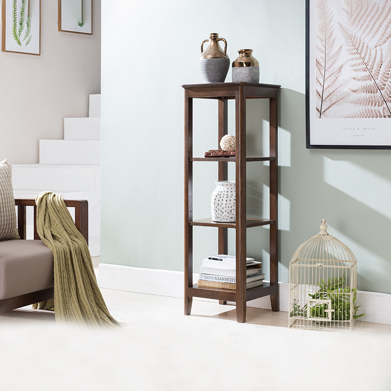 治木工坊纯实木置物架环保红橡木胡桃色多层隔P板四层花架书架厅