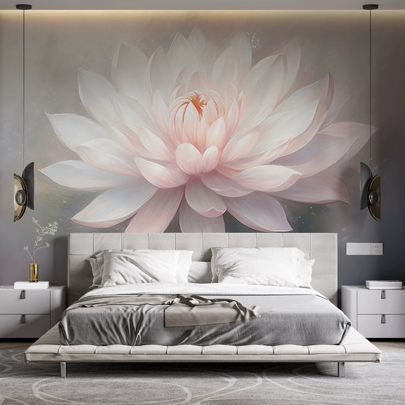 现代简约壁纸粉色睡莲墙纸u大型壁画客厅电视背景墙布卧室床头壁