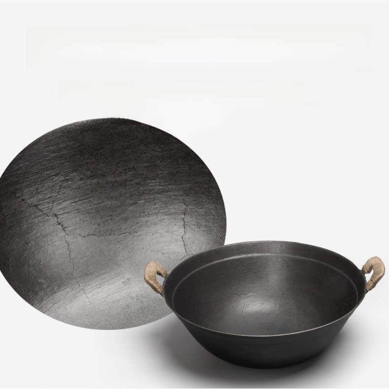 传统双耳铸铁锅炒菜锅老式铁锅圆底家用无涂层不粘锅燃气灶生铁锅