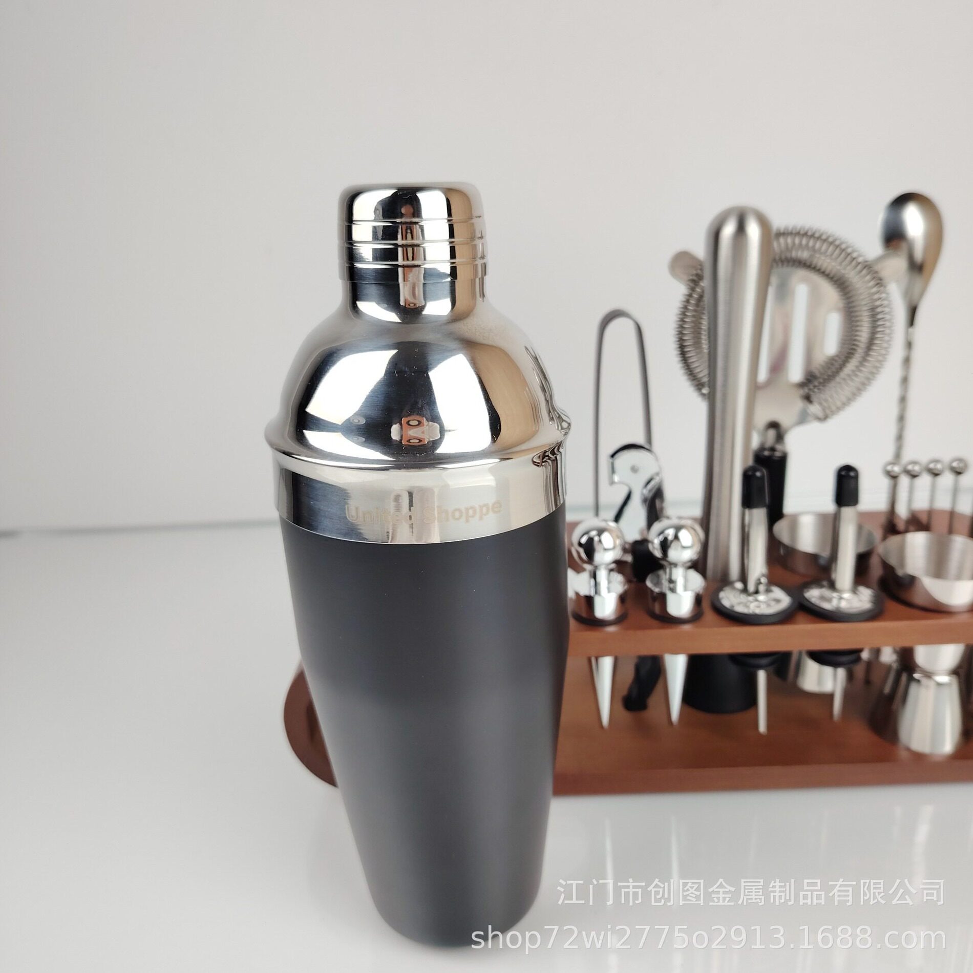 直销厂家直销酒吧工具鸡尾酒套件黑色不锈钢调酒器酒具套装带木架