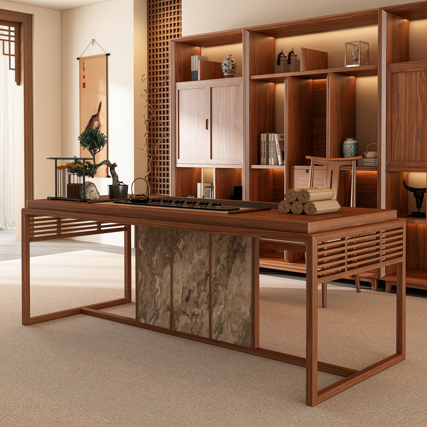 茶室家用客厅黑胡桃木茶桌椅组合