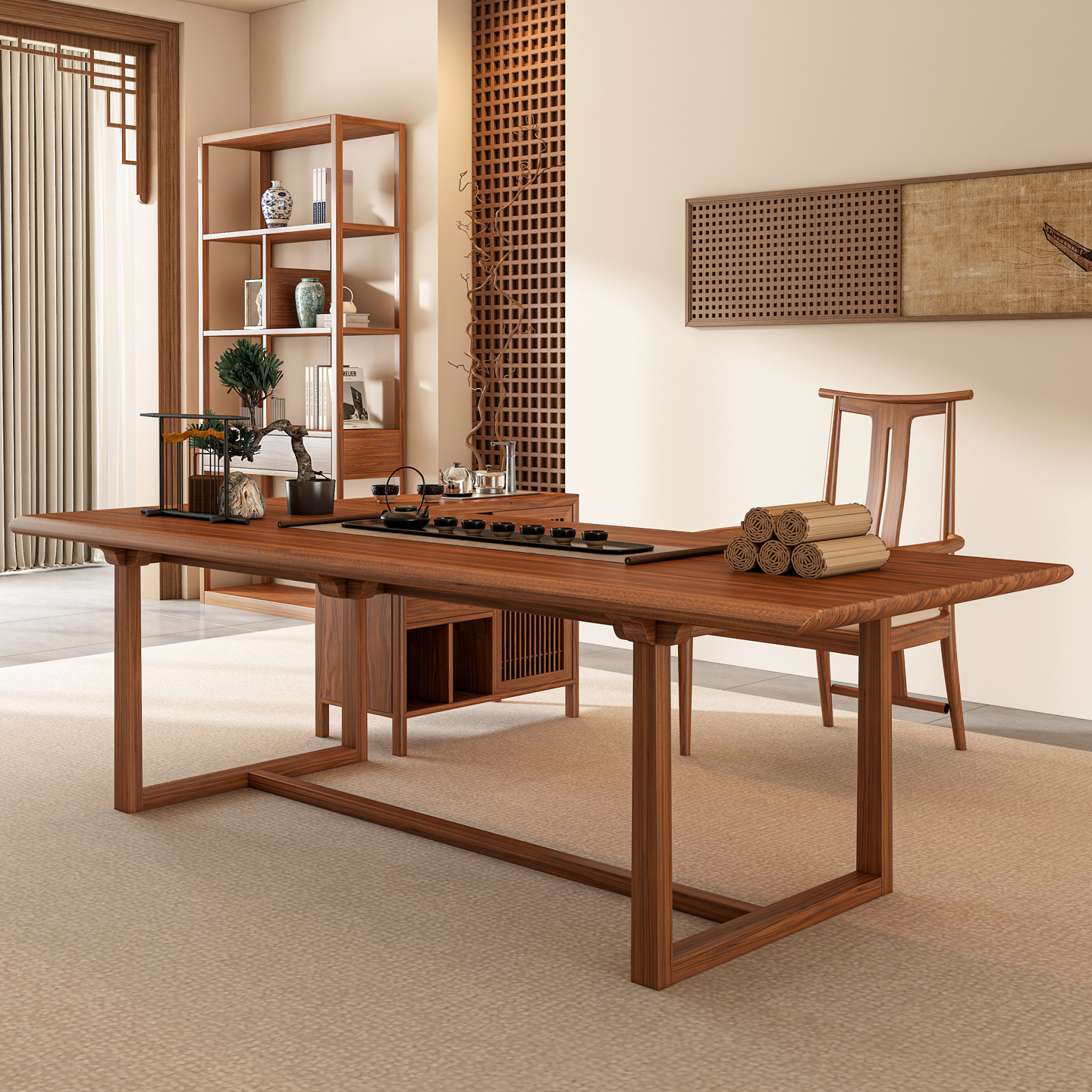 新中式禅意黑胡桃木长条茶桌组合