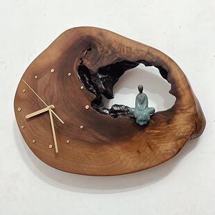 新中式挂钟客厅静音艺术时钟简约创意实木钟表胡桃木原木覆古挂表